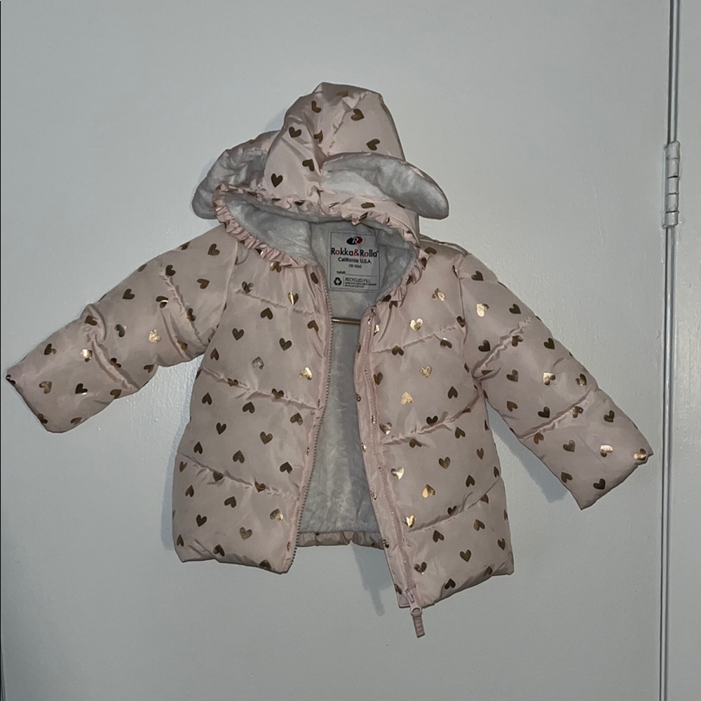 Pink Heart Patterned Puffer Jacket